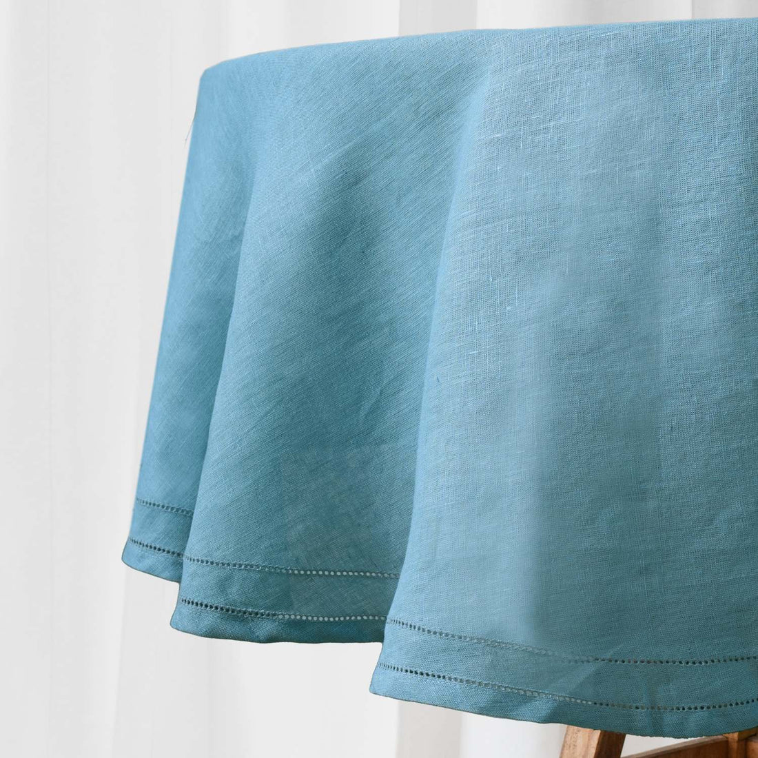 Dusty Blue 100% Linen Double Hemstitch Round Tablecloth