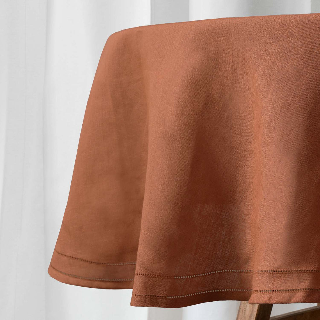 Rust 100% Linen Double Hemstitch Round Tablecloth