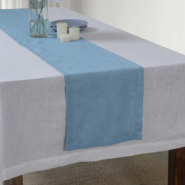 Dusty Blue 100% Linen Incomplete Hemstitch Table Runner 72"