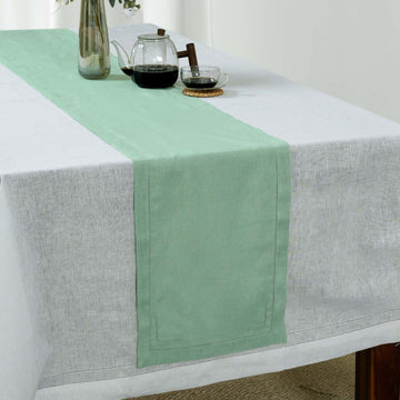 Sage Green 100% Linen Incomplete Hemstitch Table Runner 72"