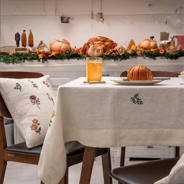 Linen Tablecloth with Botanical Embroidery in Beige