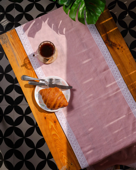 Linen Table Runner With Inlaid Lace in Pink