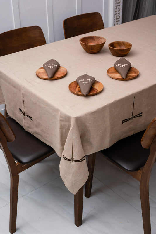 Linen Tablecloth With Dragonfly Embroidery in Natural