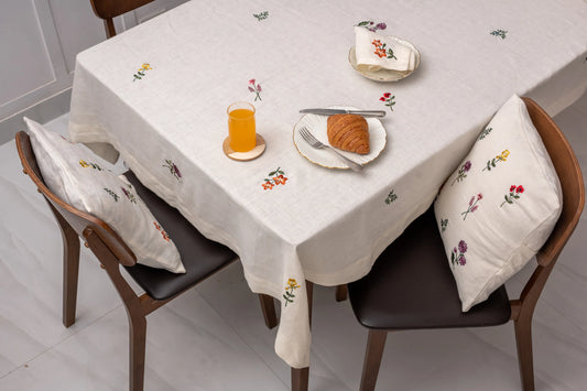 Linen Tablecloth with Botanical Embroidery in Beige