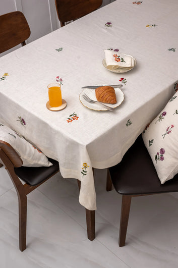 Linen Tablecloth with Botanical Embroidery in Beige