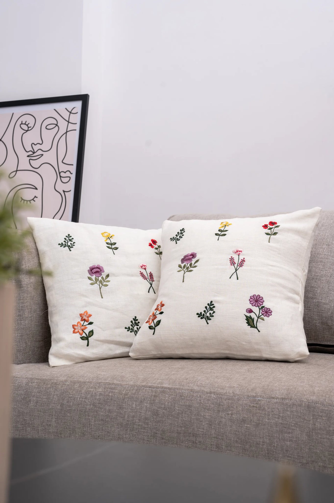 Linen Cushion Cover With Botanical Embroidery in Beige