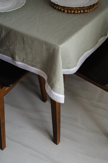 Linen Tablecloth With Lace Lining in Old English Green