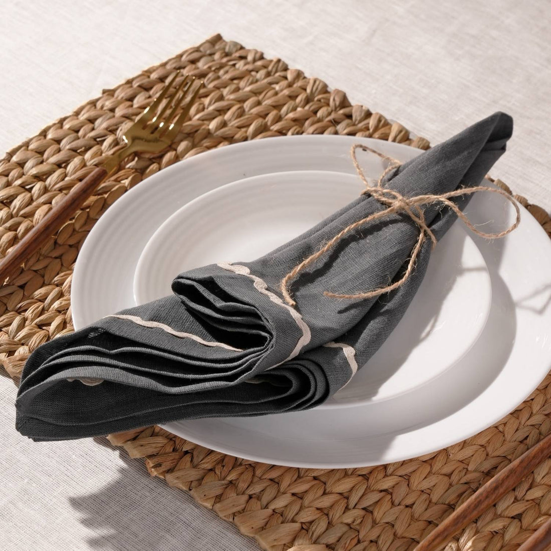 Charcoal Gray Rick Rack Lace 100% Linen Napkins