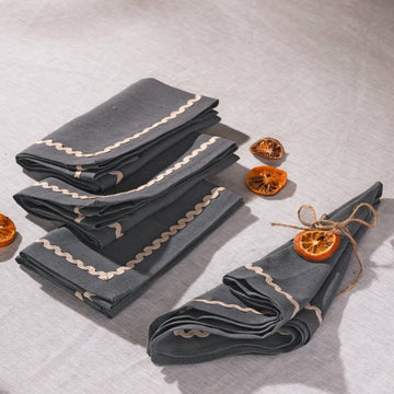 Charcoal Gray Rick Rack Lace 100% Linen Napkins