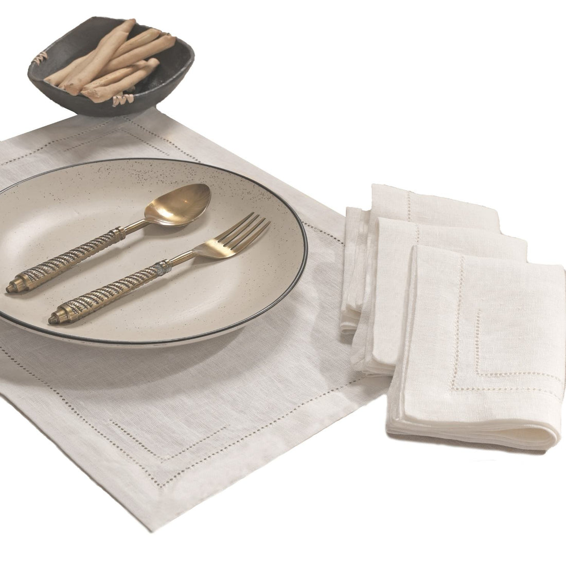 Milk White 100% Linen Incomplete Hemstitch Placemats