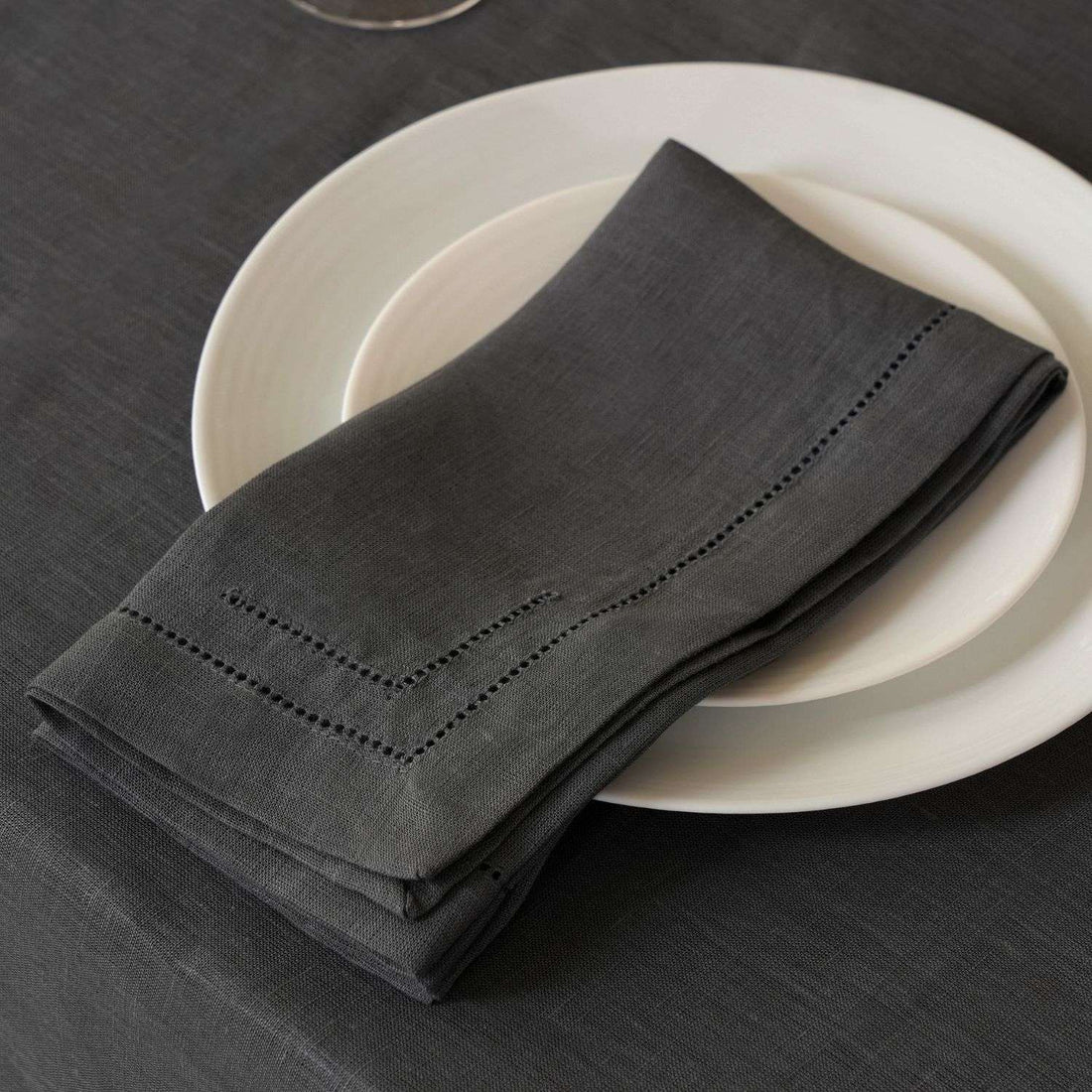 Charcoal Gray 100% Linen Incomplete Hemstitch Napkins