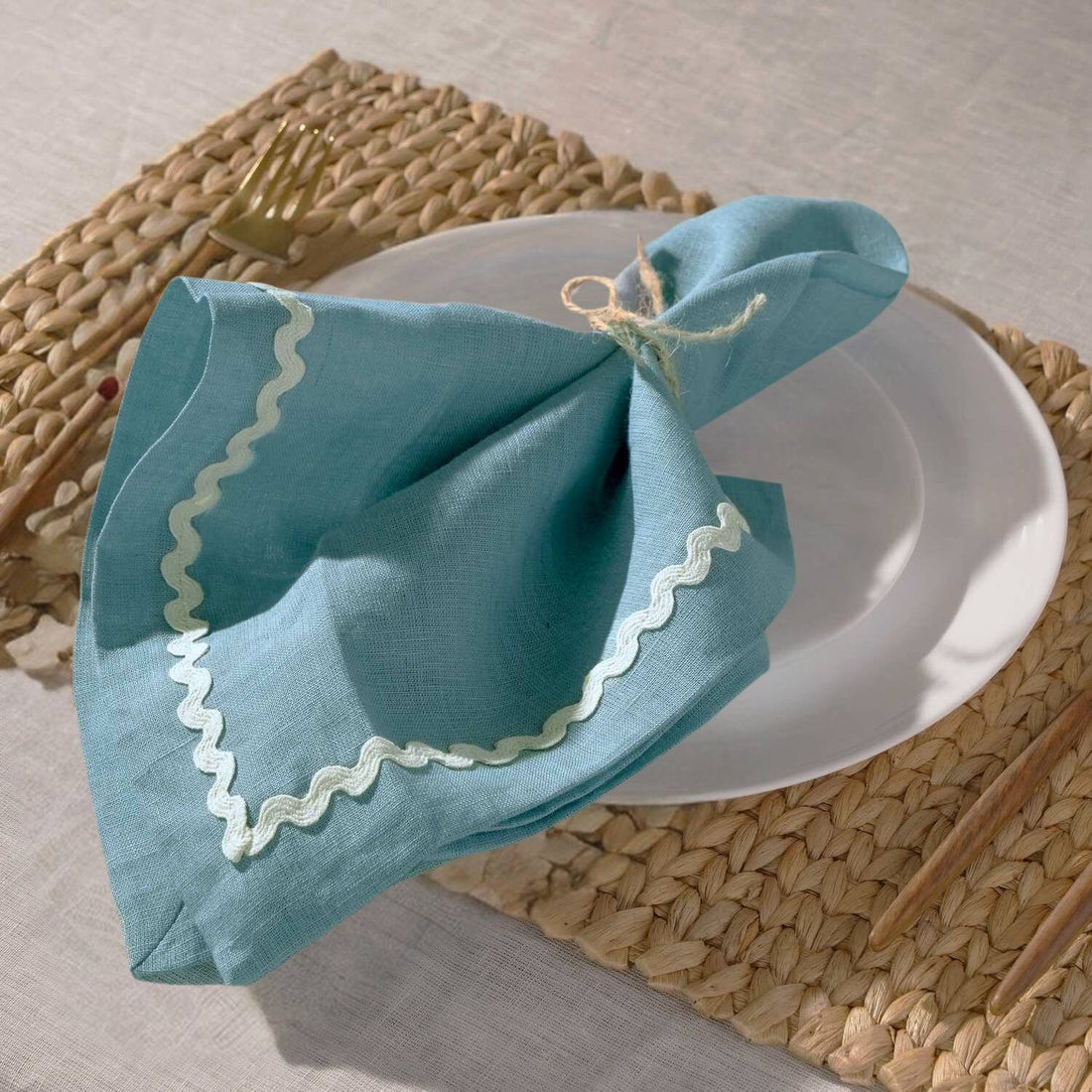Dusty Blue Rick Rack Lace 100% Linen Napkins