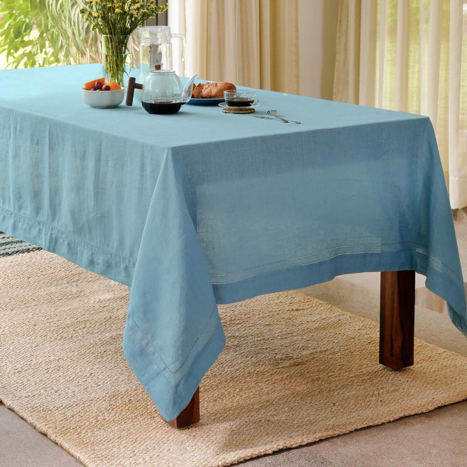 Dusty Blue 100% Linen Double Hemstitch Rectangular Tablecloth