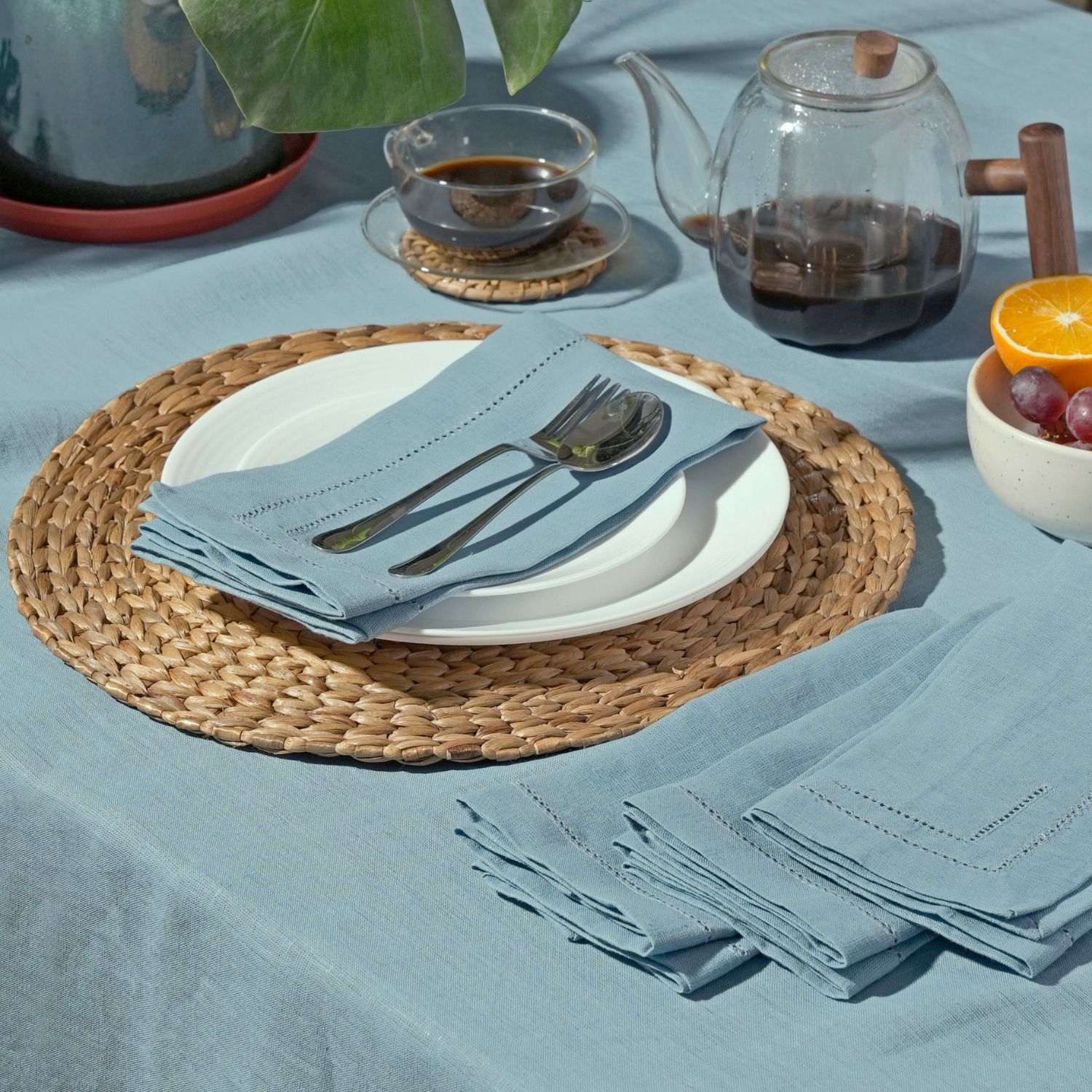 Dusty Blue 100% Linen Incomplete Hemstitch Napkins