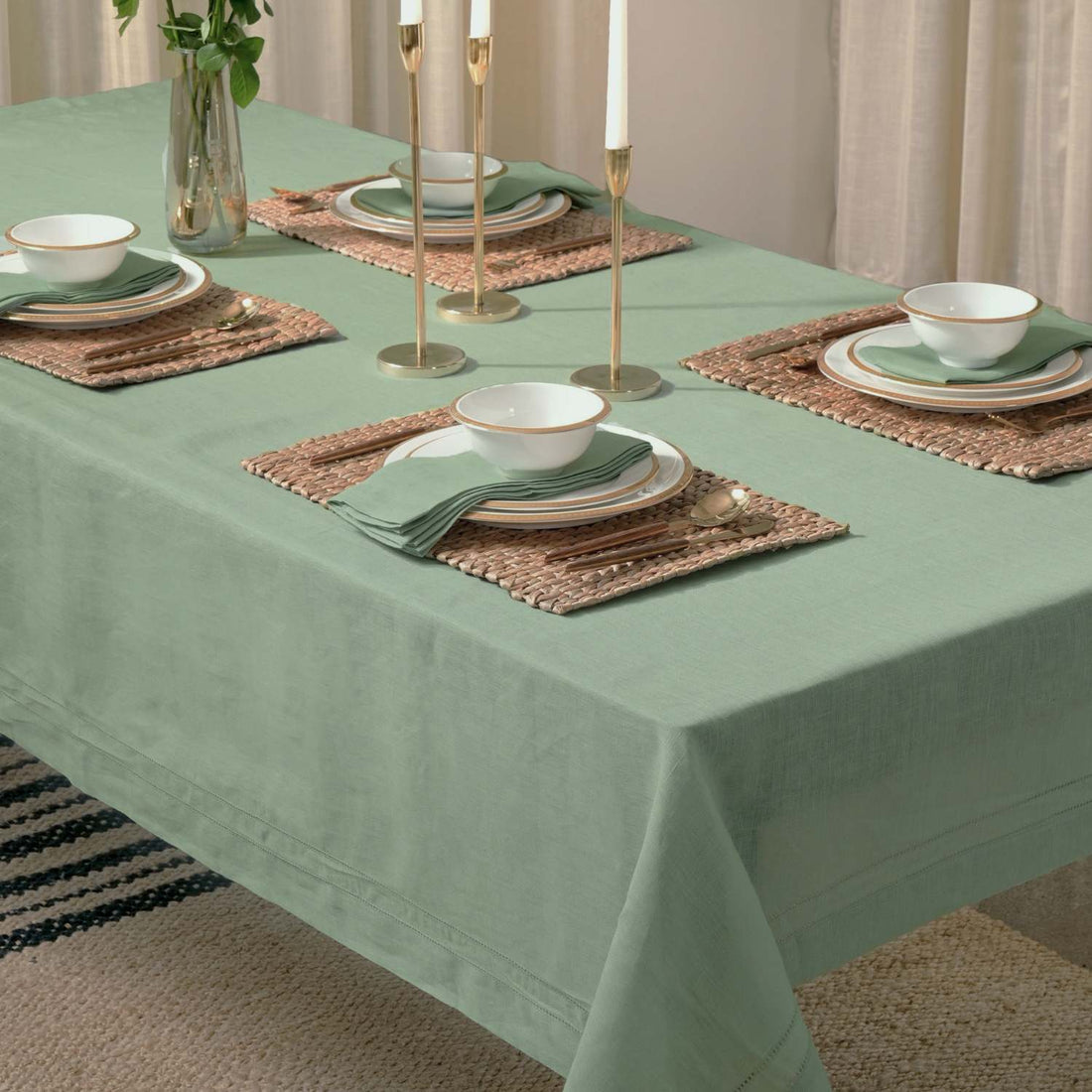 Sage Green 100% Linen Double Hemstitch Rectangular Tablecloth