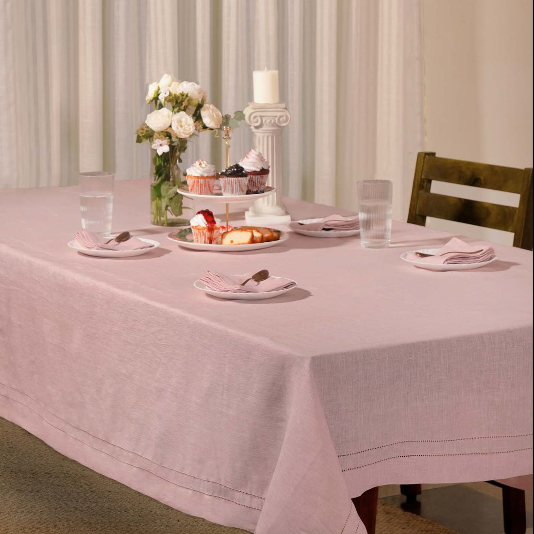 Dusty Rose 100% Linen Double Hemstitch Rectangular Tablecloth