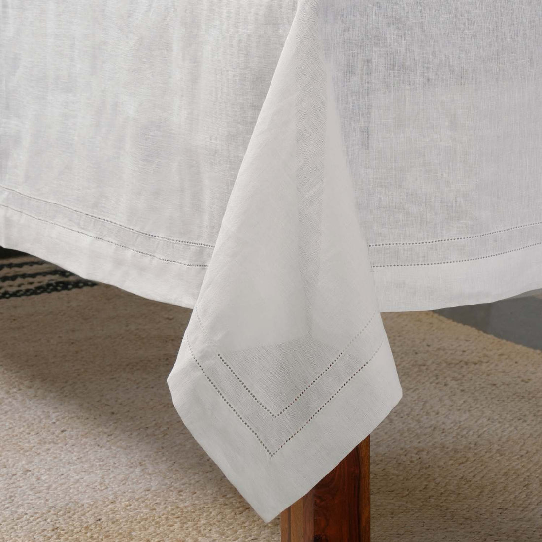 Milk White 100% Linen Double Hemstitch Rectangular Tablecloth