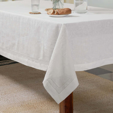 Milk White 100% Linen Double Hemstitch Rectangular Tablecloth