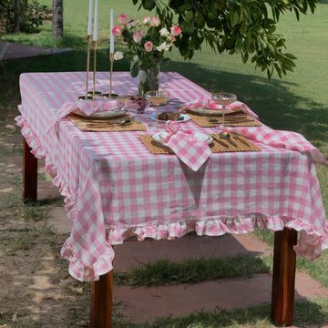 Pink Buffalo Check 100% Linen Tablecloth