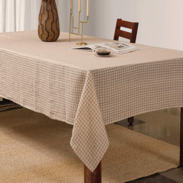 Natural Gingham Print 100% Linen Tablecloth in Natural