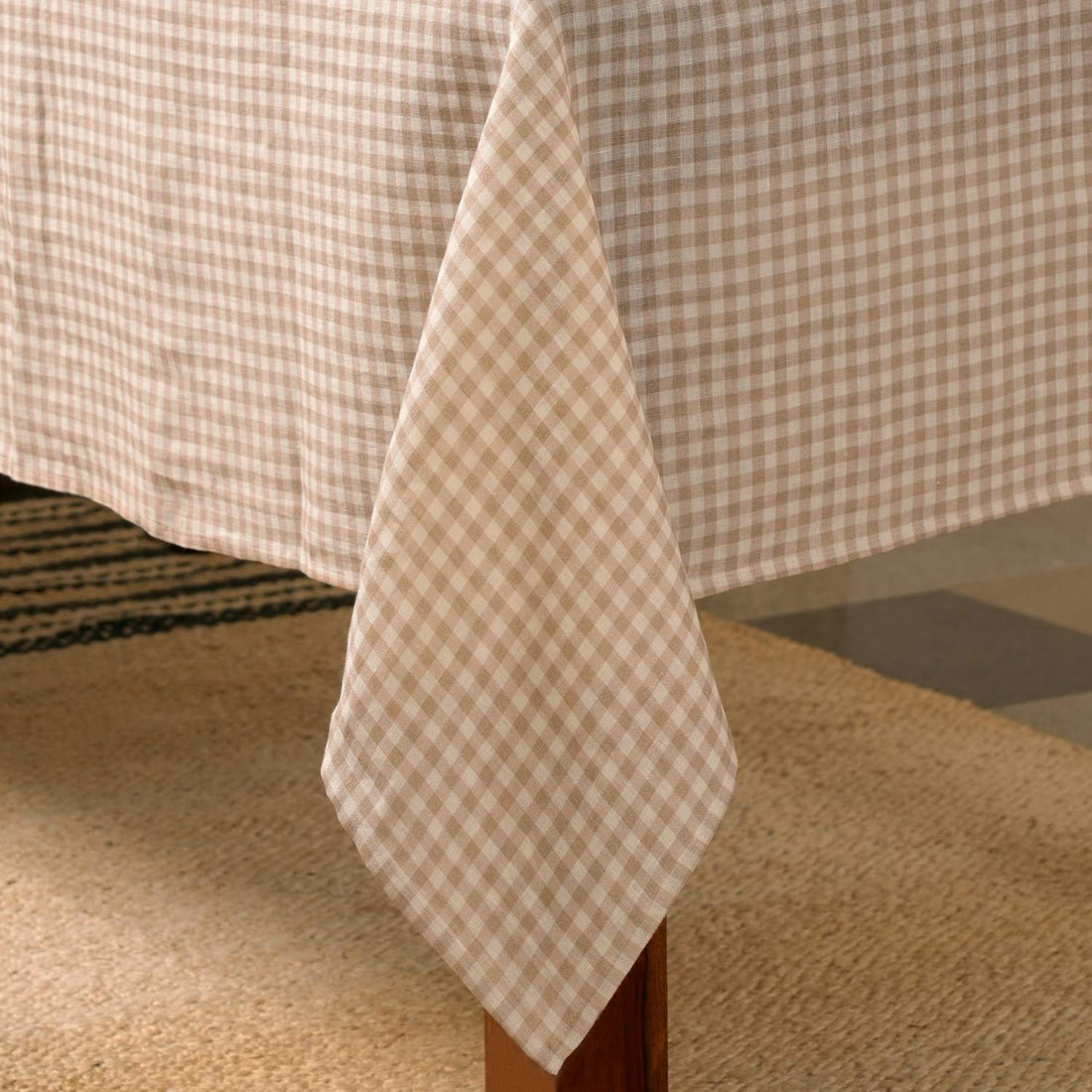 Natural Gingham Print 100% Linen Tablecloth in Natural