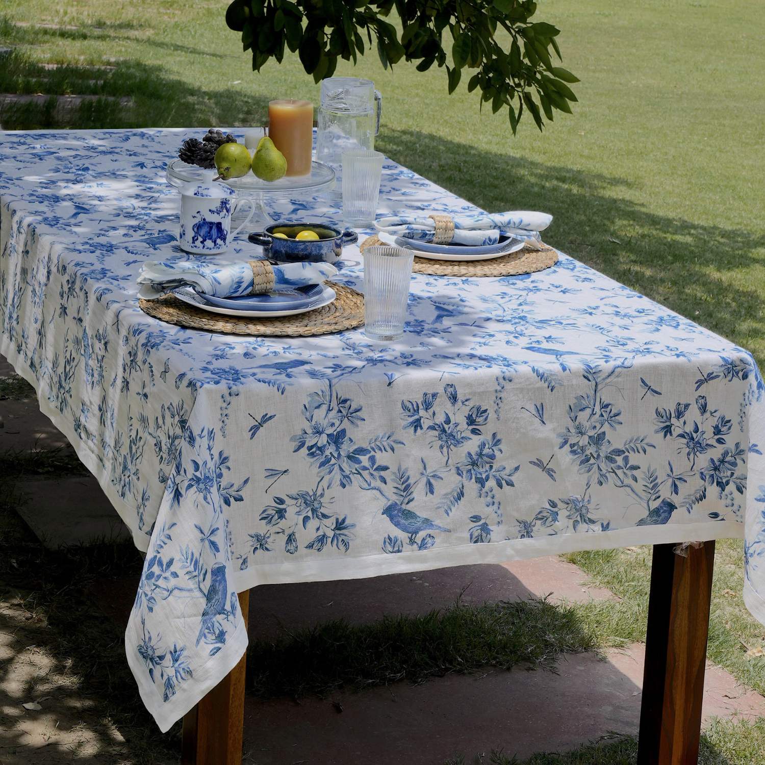 French Toile Print (Dusty Blue) 100% Linen Tablecloth