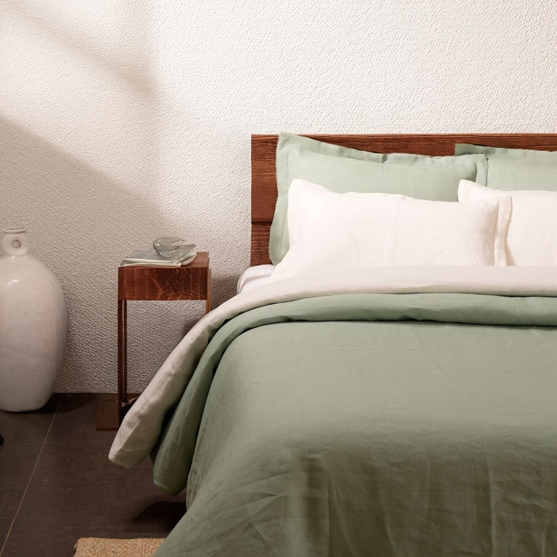 Off White & Sage Green Reversible Linen Duvet Cover Set