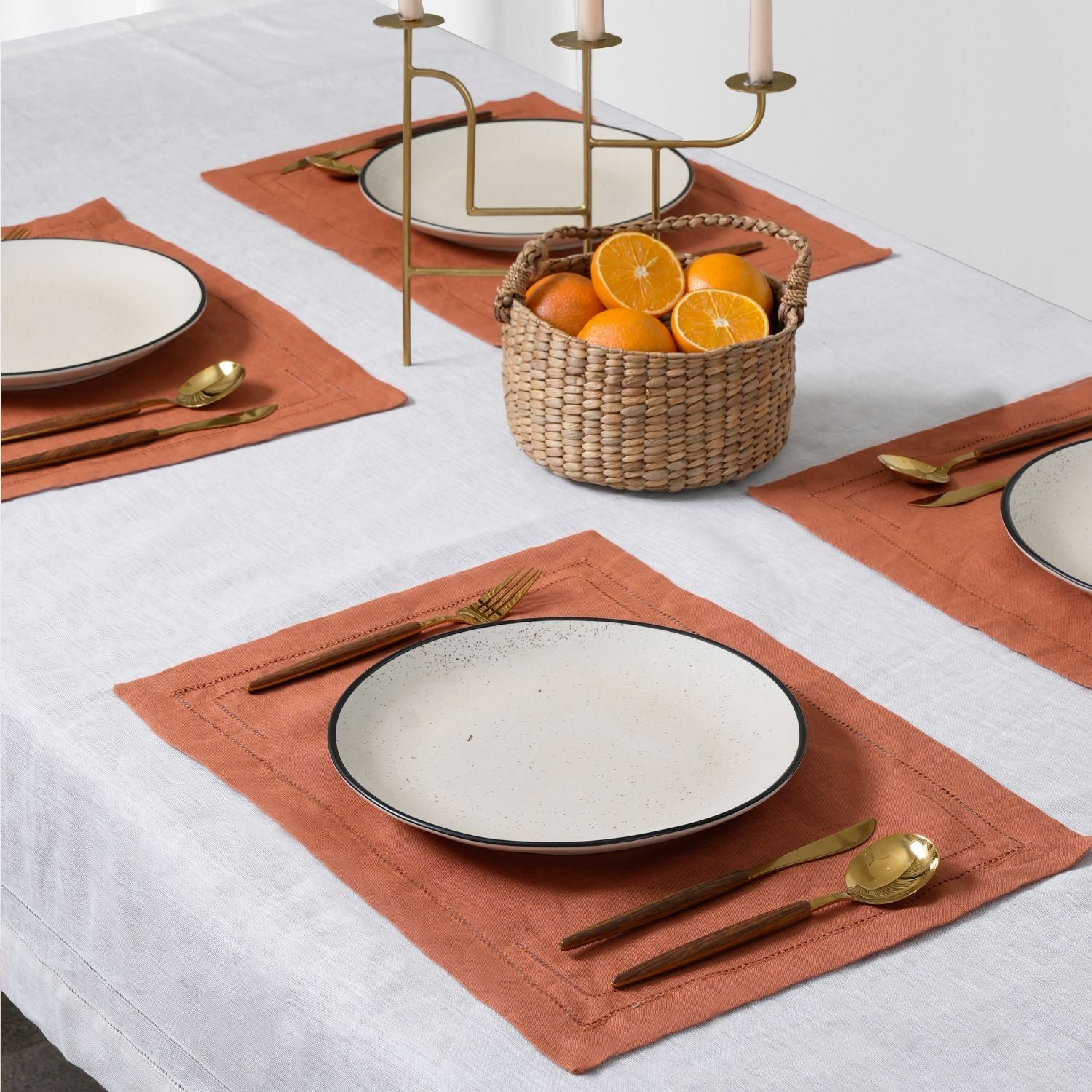 Rust 100% Linen Incomplete Hemstitch Placemats