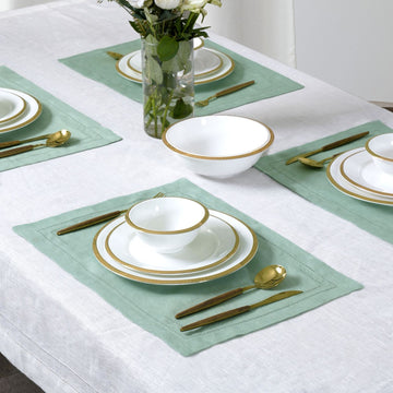 Sage Green 100% Linen Incomplete Hemstitch Placemats