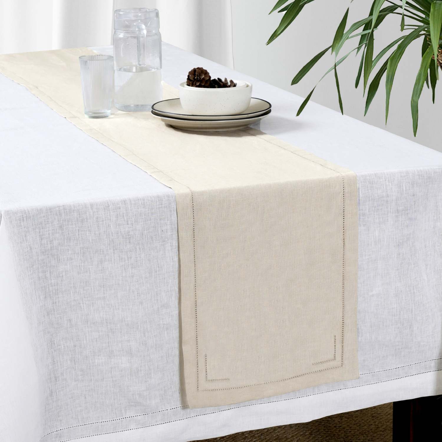 Natural 100% Linen Incomplete Hemstitch Table Runner 72"