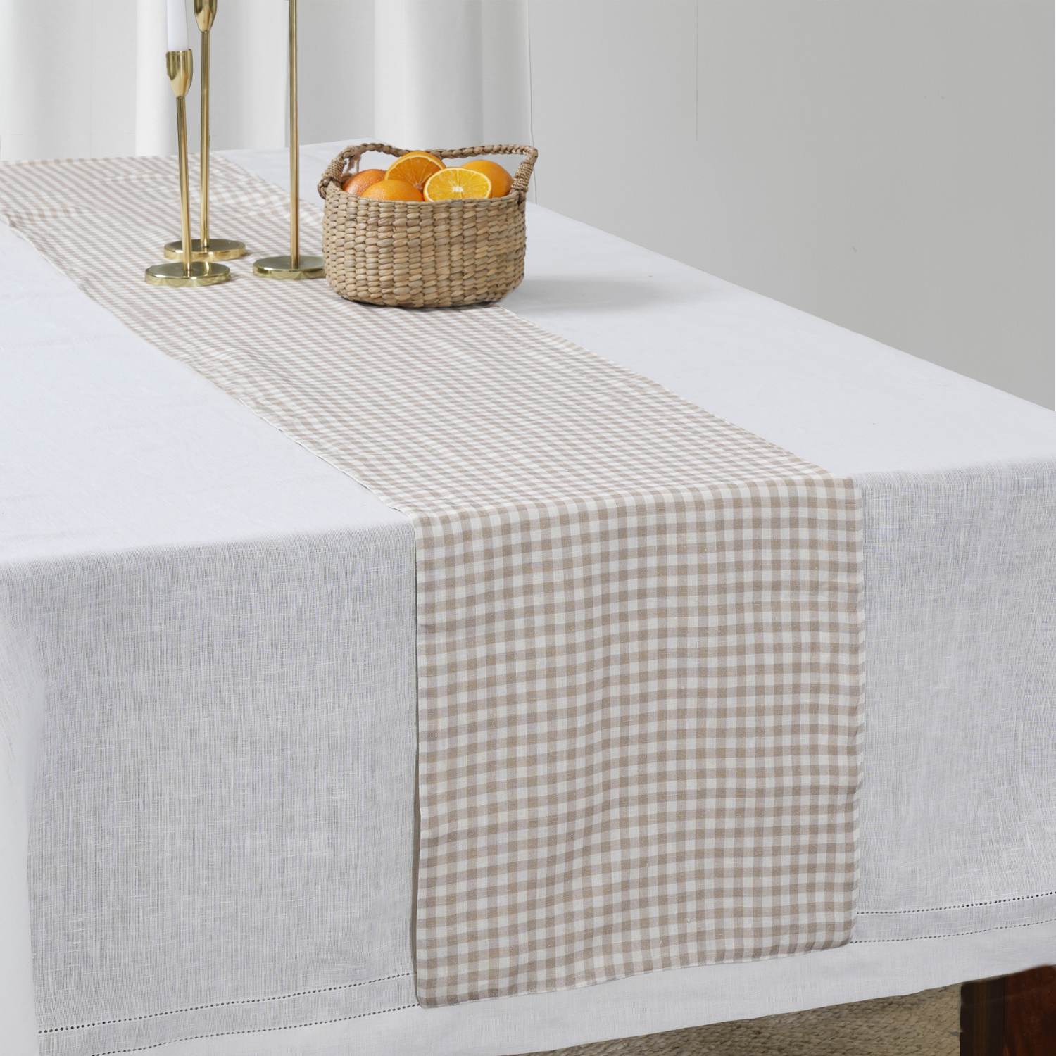 Natural Gingham Check 100% Linen Table Runner