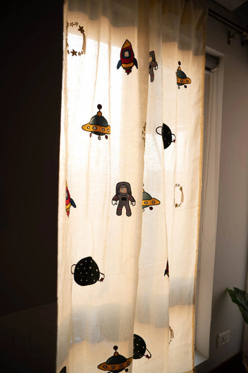 Sheer Linen Nursery Curtains With Embroidered "Outer-Space" Theme in Soft Yellow