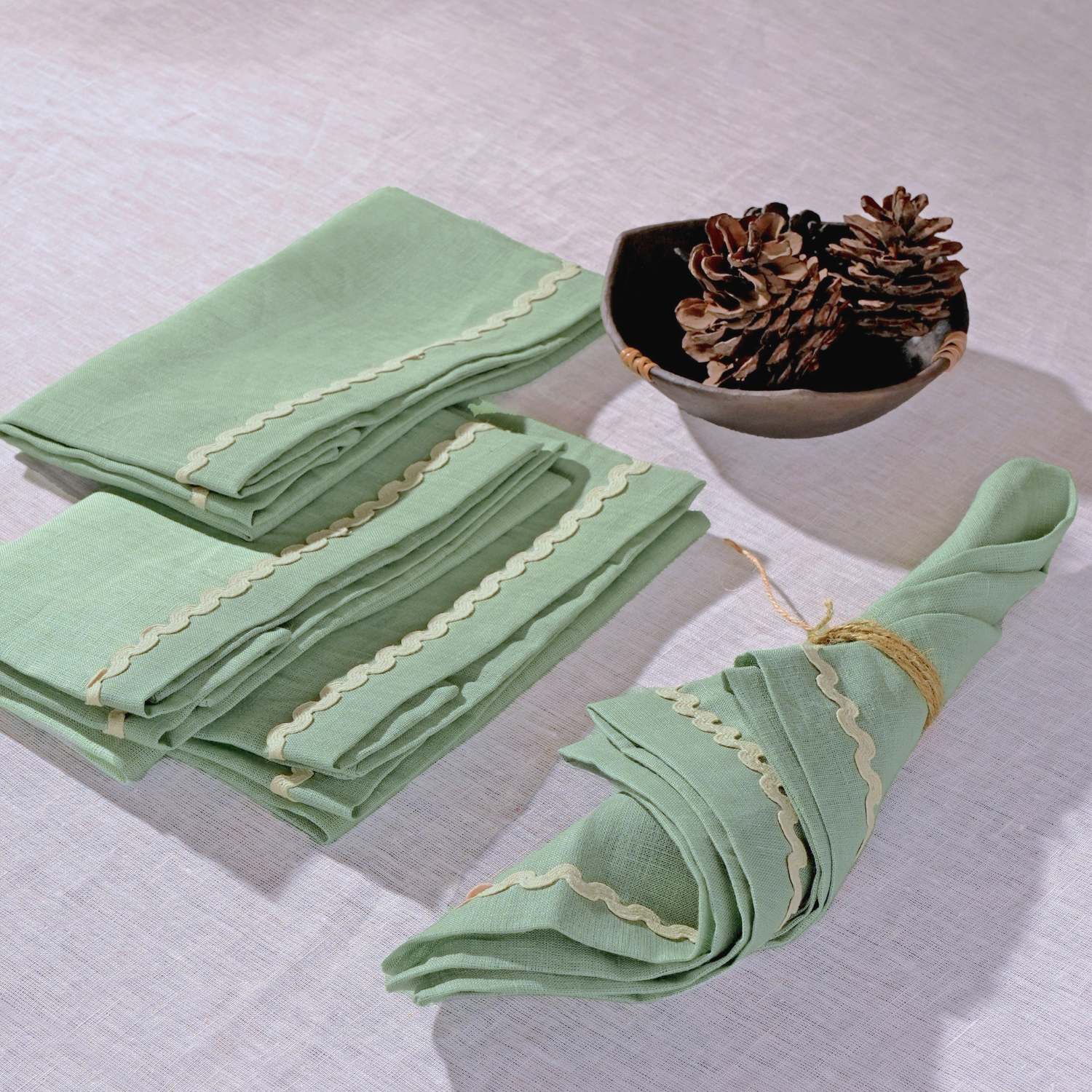 Sage Green Rick Rack Lace 100% Linen Napkins