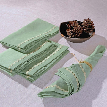 Sage Green Rick Rack Lace 100% Linen Napkins