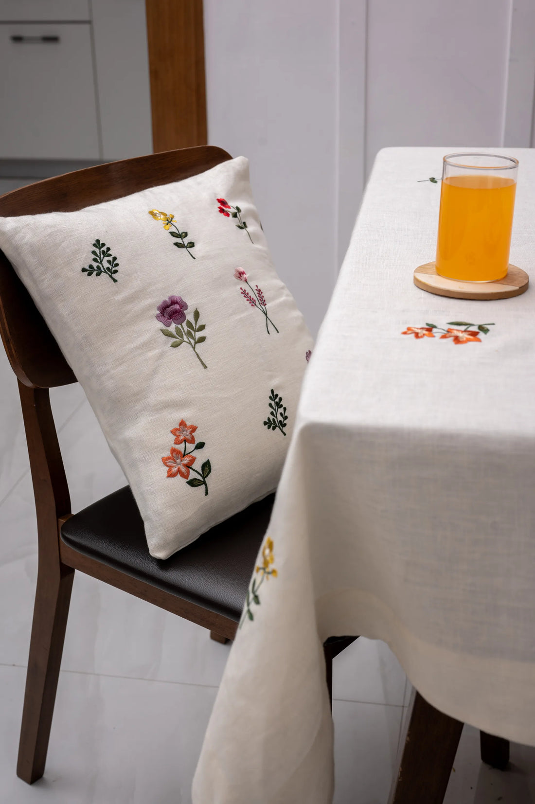 Linen Cushion Cover With Botanical Embroidery in Beige