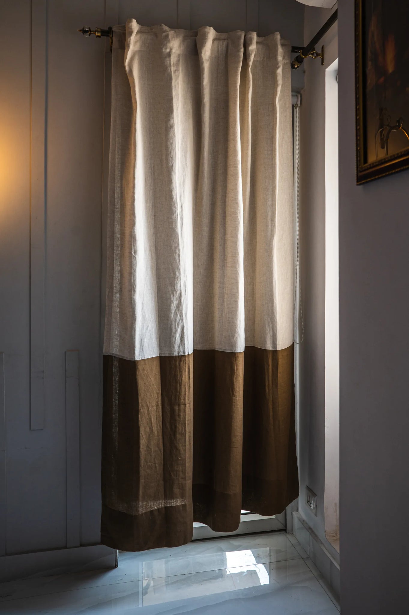 Color-Blocked Semi-Sheer Linen Curtains in Natural & English Brown